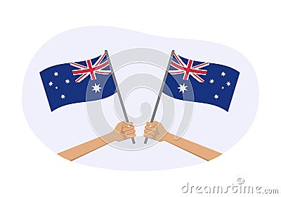 Australia waving flag icon or badge. Hand holding Australian flags. Vector illustration. Vector Illustration